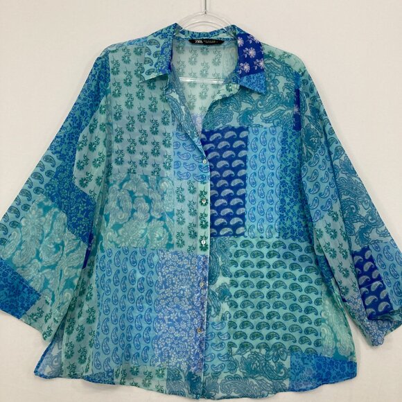 Zara Medium Blue Patchwork Boho Print Flare Sleeve Relaxed Button Up Festival - Picture 1 of 12